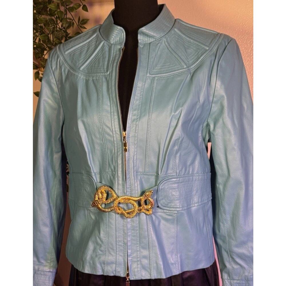 Vintage | Pamela McCoy Aqua Leather Jacket | Gold Snake Belt | Never Worn | LOOK